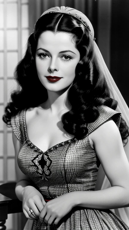 Hedy Lamarr dressed in traditional German clothing wearing lipstick and smiling