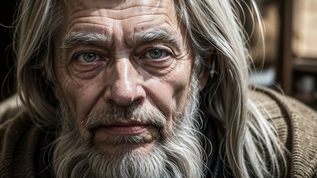 "A portrait of Methuselah, an elderly man with a long white beard and gray hair, wearing old and rustic clothes. He is looking directly at the camera with wise, expressive eyes, showing years of wisdom and experience. The background is simple and blurred to highlight your face, with soft, cinematic lighting that accentuates wrinkles and facial details, captured in 8K, ultra realisitic, with high quality and highly detailed."