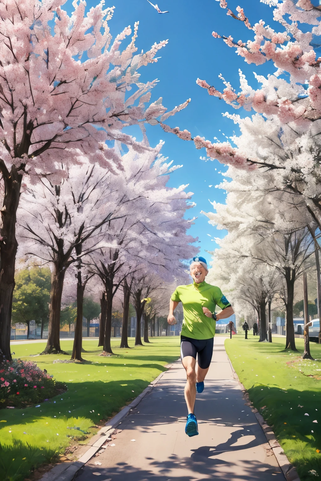 People of various ages, smiling faces Doing various exercises, running, cycling in colorful parks. Trees with brightly colored flowers are very beautiful. In the spring flower season, they show good health.