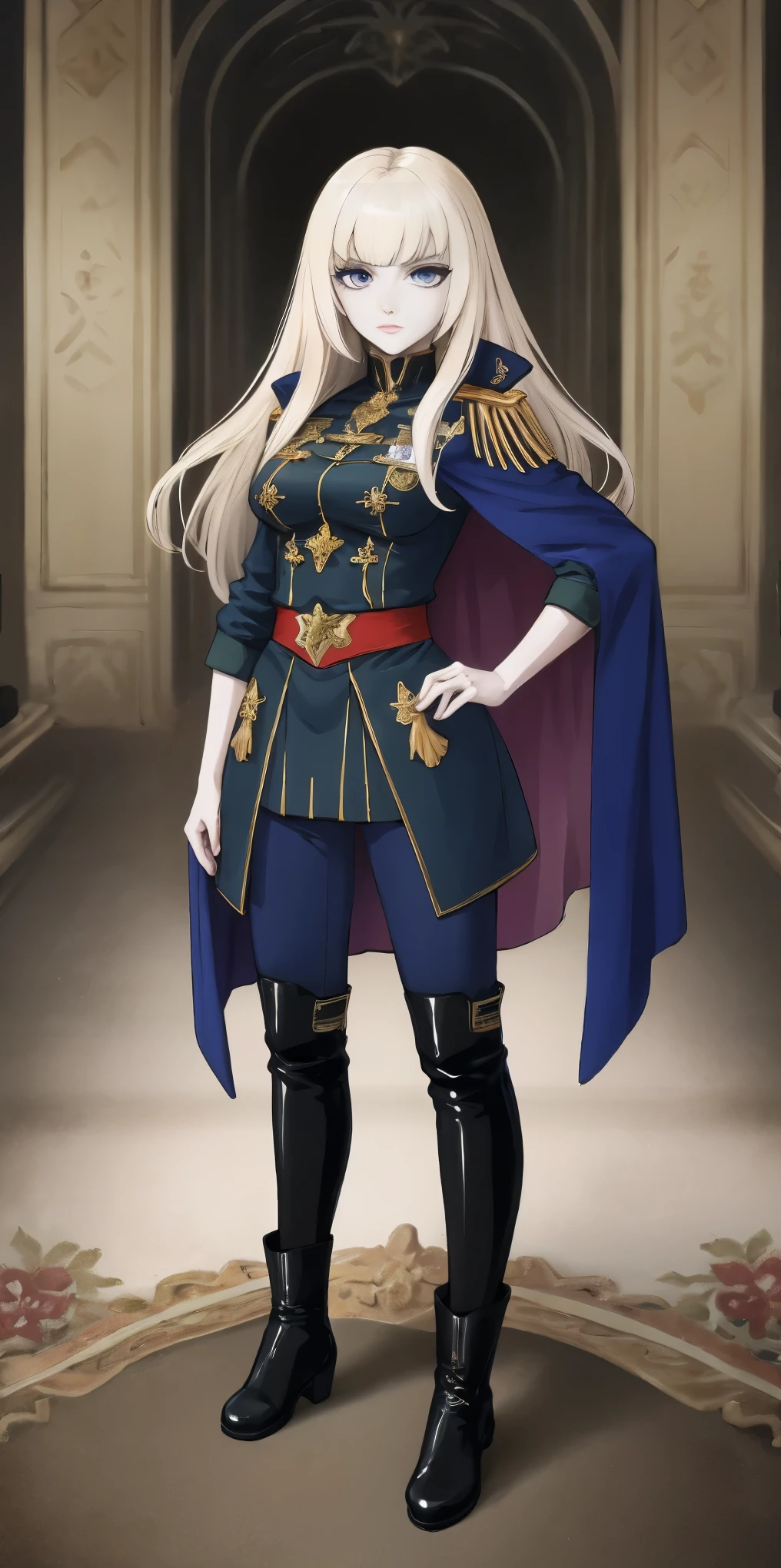 A woman with long platinum blonde hair, choppy bangs, arched crescent eyebrows, sharp and determined eyes, a delicate oval face, a serious expression, a fantasy-style dark green military coat, draped with a dark red waist-length cloak, military trousers, leather combat boots, silver greaves leggings, one hand on her hip, standing in a spacious training ground, this character embodies a finely crafted fantasy-style female military officer in anime style, exquisite and mature manga art style, pale skin, high definition, best quality, highres, ultra-detailed, ultra-fine painting, extremely delicate, professional, perfect body proportions, golden ratio, anatomically correct, symmetrical face, extremely detailed eyes and face, high quality eyes, creativity, RAW photo, UHD, 32k, Natural light, cinematic lighting, masterpiece-anatomy-perfect, masterpiece:1.5