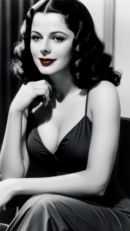 Hedy Lamarr dressed in sexy casual clothes with lipstick and smiling