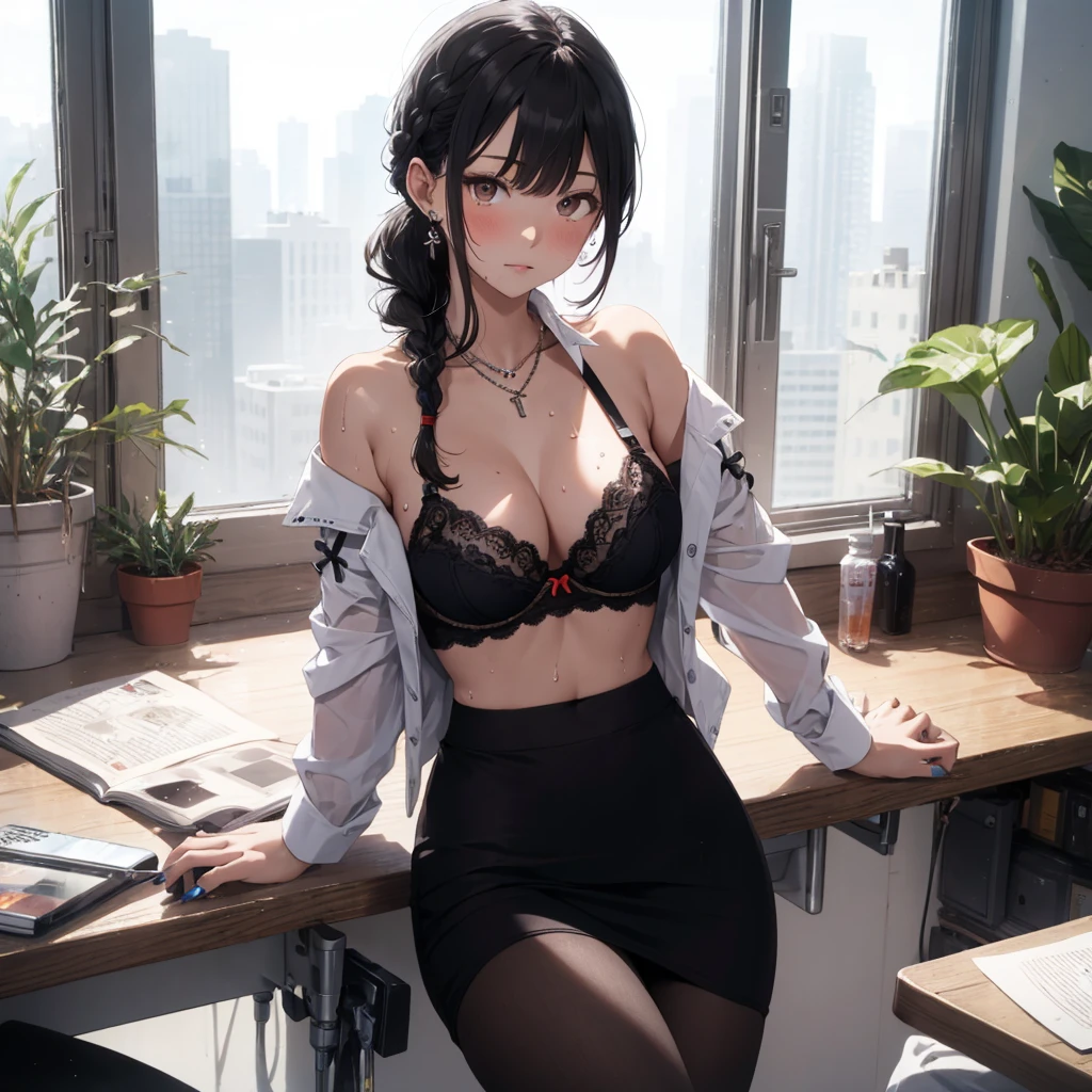 ((masterpiece)), ((best quality)), ((ultra-detailed)),1girl, pantyhose, bra, underwear, skirt, black bra, shirt, large breasts, cleavage, long hair, jewelry, necklace, open shirt, sitting, solo, black hair, lace-trimmed bra, white shirt, looking at viewer, brown eyes, tsurime,braided ponytail, indoors, mole, purple nails, blush, bangs, braid, black skirt, open clothes,wet, see-through shirt, office lady, plant, pencil skirt, window, nail polish, collared shirt, lace trim, cup, off shoulder