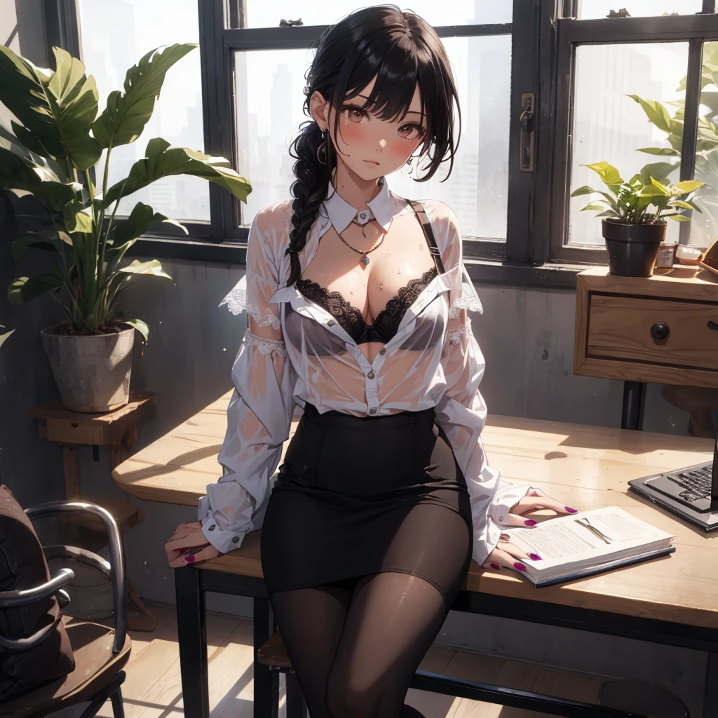 ((masterpiece)), ((best quality)), ((ultra-detailed)),1girl, pantyhose, bra, underwear, skirt, black bra, shirt, large breasts, cleavage, long hair, jewelry, necklace, open shirt, sitting, solo, black hair, lace-trimmed bra, white shirt, looking at viewer, brown eyes, tsurime,braided ponytail, indoors, mole, purple nails, blush, bangs, braid, black skirt, open clothes,wet, see-through shirt, office lady, plant, pencil skirt, window, nail polish, collared shirt, lace trim, cup, off shoulder
