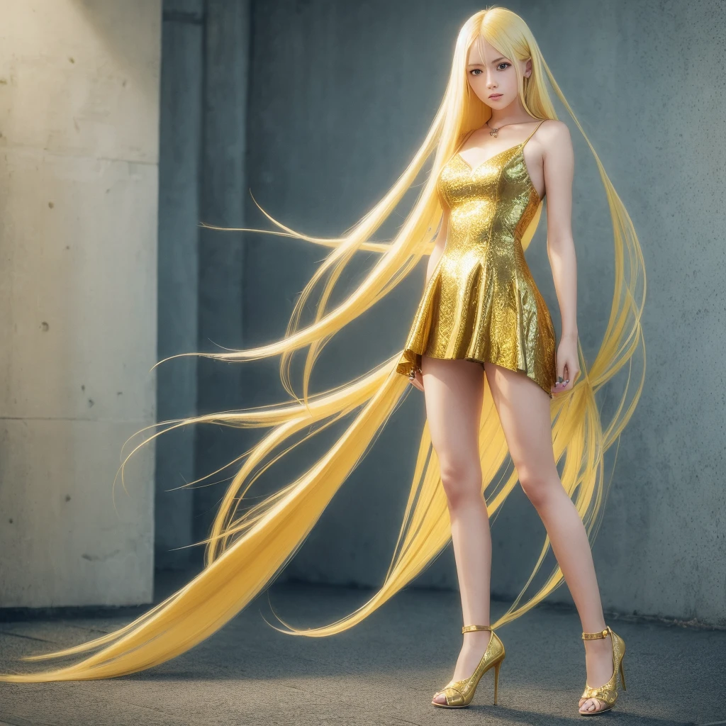 A shy girl, long yellow hair, blue colored eyes, fenix bird clothes in gold color, high heels. PICTURE REALISTIC, 8k