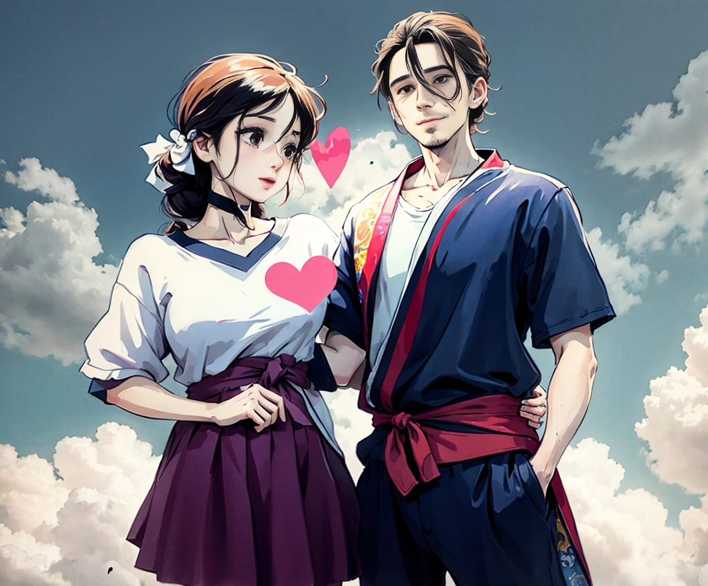 The woman's hair is neatly tied back and her hands make a heart gesture. The man stands confidently beside her, looking happy and energetic. The illustration uses simple lines to emphasize their generous and hospitable nature, giving them a youthful and natural look. 