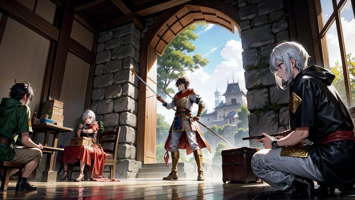 An adventurer party exploring an ancient castle, illustrated in a Japanese anime style. The party consists of various characters: a male warrior in armor wielding a sword, a female mage with a staff casting a spell, a rogue with a hood and daggers, and an archer readying her bow. The castle is dark and mysterious, with crumbling stone walls, flickering torches, and hidden traps. The atmosphere is tense and adventurous, capturing the essence of a perilous exploration. The colors are bright and vivid, typical of anime aesthetics, with detailed shading and highlights adding depth to the scene.