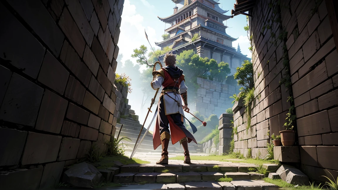 An adventurer party exploring an ancient castle, illustrated in a Japanese anime style. The party consists of various characters: a male warrior in armor wielding a sword, a female mage with a staff casting a spell, a rogue with a hood and daggers, and an archer readying her bow. The castle is dark and mysterious, with crumbling stone walls, flickering torches, and hidden traps. The atmosphere is tense and adventurous, capturing the essence of a perilous exploration. The colors are bright and vivid, typical of anime aesthetics, with detailed shading and highlights adding depth to the scene.