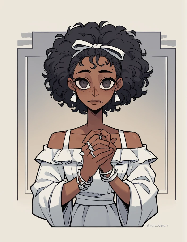 (work of art, best quality, high resolution:1.4), (original), (very detailed wallpaper), very detailed illustrations, portrait, 1 girl, medium height, slender body, white dress with off-shoulder, curly black hair of medium to long length with a white ribbon bow, oval face with well-defined eyebrows and thin lips, large dark eyes, brown skin tone, wearing small and discreet earrings, rings, and a thin bracelet on her right wrist, very detailed illustration, full-body image, She needs a white ribbon in her hair and she needs a happy expression