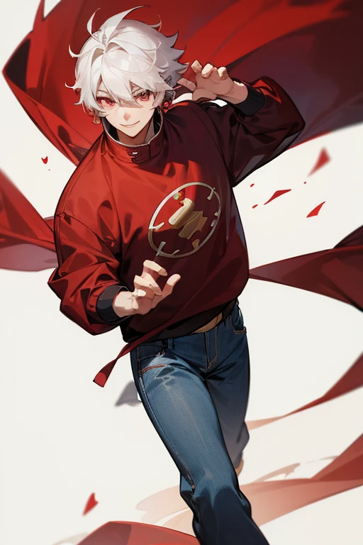 Young man with short white curly hair,Cao Cao,Eyes red,black and red sweatshirt and jeans,strolling,with a sweet smile
