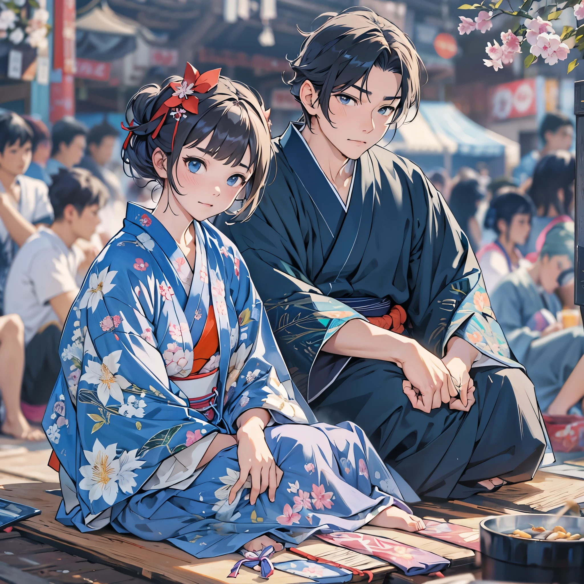 A man and woman wearing blue yukata at a summer festival。Sitting with a displeased look。Stylish and cool、Pose like a fashion model。