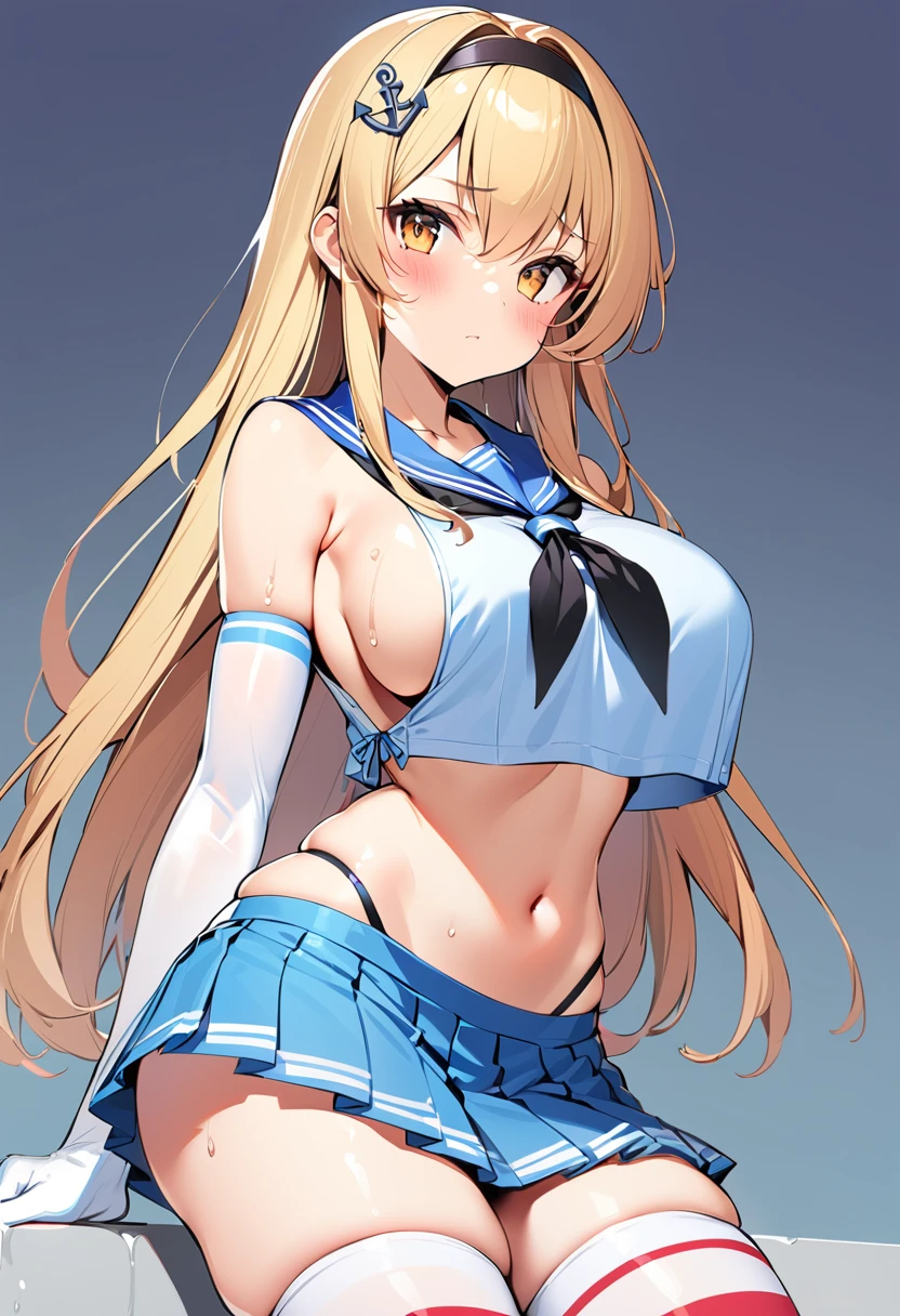 rensouhou-chan, shimakaze (kancolle), 1girl, solo, long hair, breasts, looking at viewer, blush, skirt, blonde hair, large breasts, simple background, hair ornament, thighhighs, gloves, white background, navel, hair between eyes, closed mouth, underwear, , collarbone, yellow eyes, pleated skirt, hairband, serafuku, sleeveless, elbow gloves, striped, white gloves, miniskirt, sailor collar, blue skirt, crop top, wet, neckerchief, sideboob, skindentation, highleg, black hairband, blue sailor collar, striped thighhighs, alternate breast size, microskirt, black neckerchief, anchor hair ornament