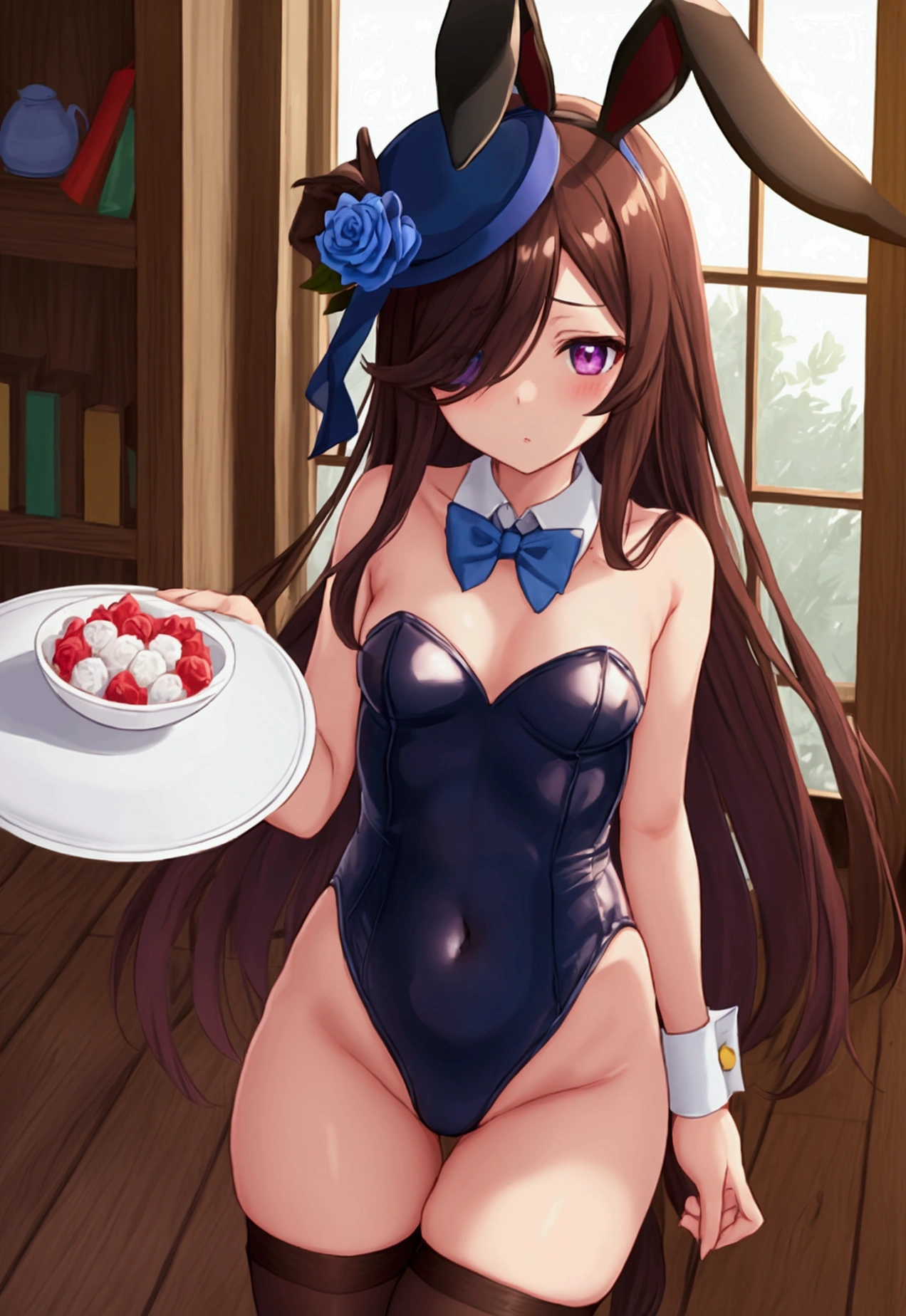 rice shower (umamusume), 1girl, solo, long hair, breasts, looking at viewer, blush, brown hair, thighhighs, hat, bow, navel, holding, animal ears, bare shoulders, purple eyes, tail, flower, small breasts, black thighhighs, indoors, bowtie, hair over one eye, leotard, cup, wrist cuffs, detached collar, rose, playboy bunny, horse ears, horse girl, horse tail, blue headwear, tray, blue flower, hat flower, blue leotard, holding tray, nontraditional playboy bunny