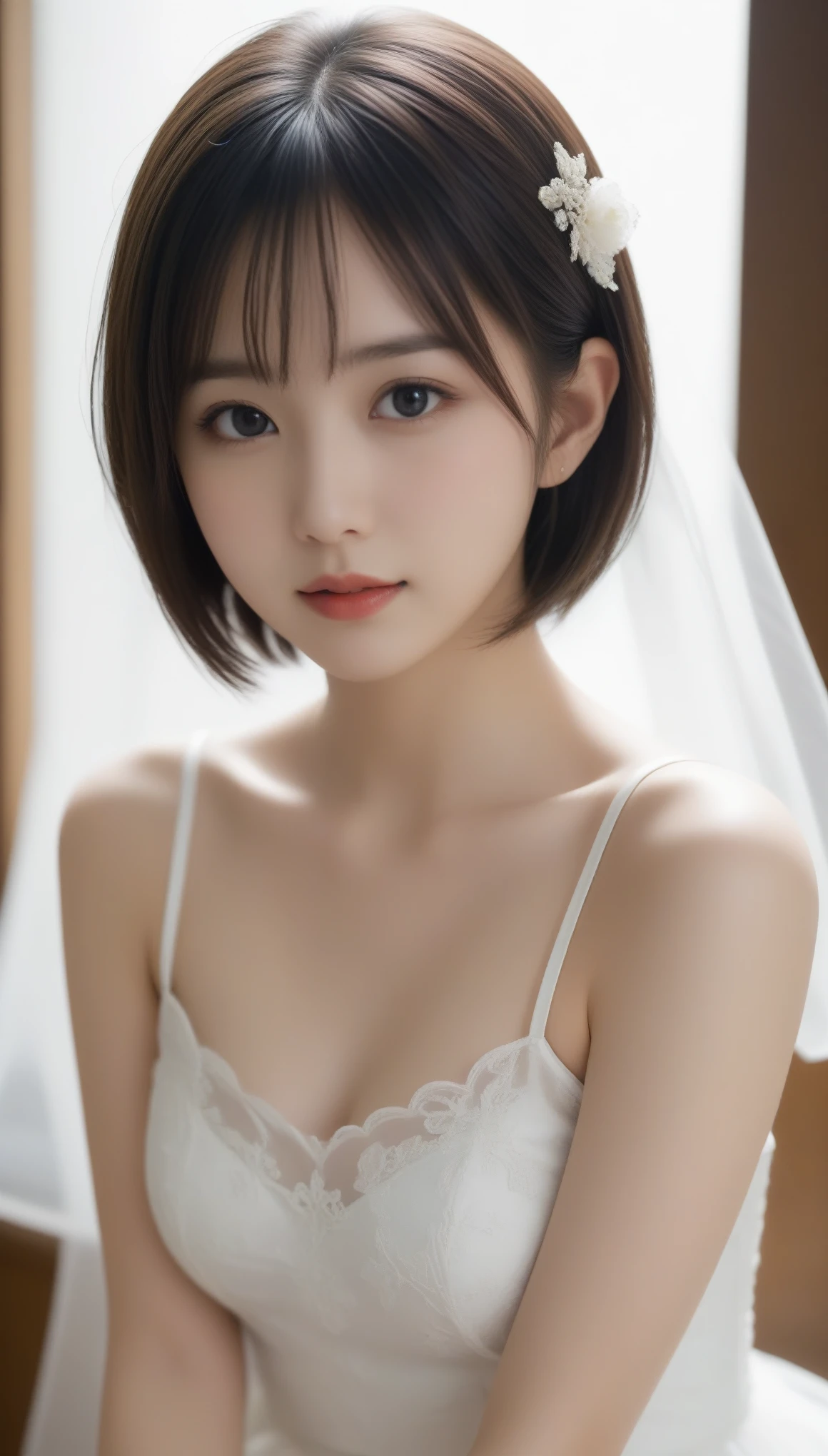 8k, Ultra-high resolution, Highest quality, masterpiece, 三分割法によるphotograph,Surreal, photograph, 1 Girl, (16 years old:1.3), pretty girl, Cute Face, Beautiful eyes in every detail, 細かくdetailedに,masterpiece,One Girl:1.2,Japan Female Teachers,full body,light smile,Black short hair,Bob with bangs,(印象派の美しい少女のPortraiture),(Impressionist light and colour), (White Wedding Dress:1.3),(Fairy, bride, Shiny Hair, Beautiful dark eyes, So cute and beautiful,16 years old, ), (smile:0.8),Sharp contours,Looking down, (Wedding Veil,White lace), ((Gothic cathedral)), (Stained Glass Windows:1), indoor, Light from above, Low contrast, (Side view),, Perfect and beautiful face ,完璧でCute Face, Skin with attention to detail, Perfect limbs、Narrow waist,Looking at the audience,(((Ideal body type))),A cup small breasts :2,Portraiture:2,Perfect Anatomy,鮮明なdetailed,detailed,Surreal,Light and shadow,glowing