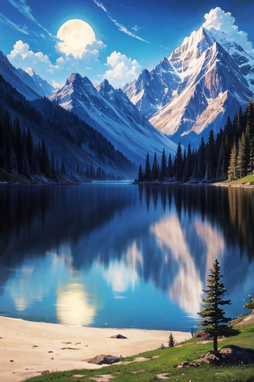 Highest quality、masterpiece、Landscape painting、Moon, Mountains and Lakes、Surrealism