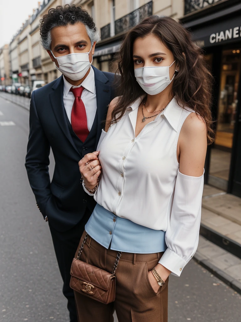 Front view, Full-body, couple is standing pose , on street , in Paris, viewer is looking Eiffel Tower on Paris,2021 years ,(1 male and 1 female is existence), (1 male American Black man, 1 boy is 50 age old), ( black hair, wavy perm, brave, handsome facemask ), (American gentleman), ( blue suit style, Jacket suit , vest, necktie, pants, hand watch, (brown shoes)), 1man and 1 woman is couple, each other love, , (A Parisian girl , 18 age, beautiful girl, Parisian girl, 18 years-old, height 175 cm), (light brown hair , blew eye, middle hair, face mask ), (middle breasts, slender whist, middle hip), (White beautiful tuck-in-blouse :1.3), (Red mini skirt: 1.3), (Red enamel Chanel Boots), (lady's watch ), (a Chanel hand bag, leaser string), (super detail, high details, high quality, accurate, anatomically correct, textured skin, beautiful fingers super detail, high details, high quality, best quality),