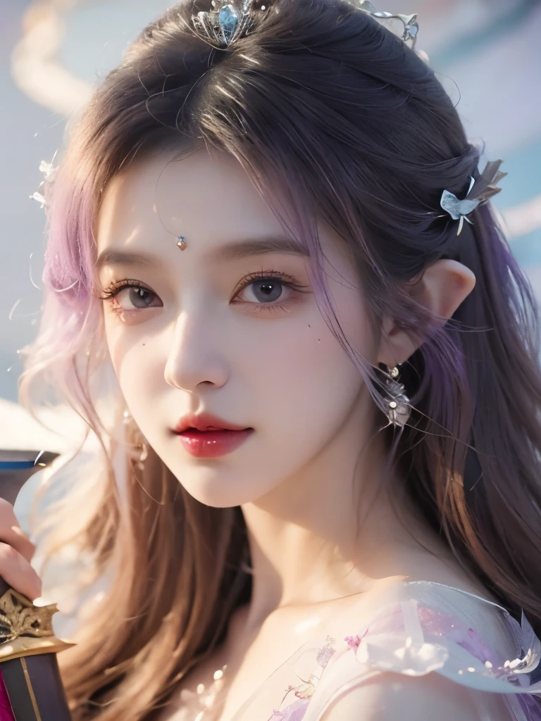A woman in a purple dress、Close-up of woman holding sword, Beautiful fantasy queen, ((Beautiful fantasy queen)), Beautiful fantasy girl, 2. 5D CGI anime fantasy artwork, Beautiful and charming anime woman, Fantasy woman, Beautiful fantasy art, Full body fairy, Anime Goddess, Beautiful and elegant elf queen, Fantasy art style, Anime fantasy illustration。
