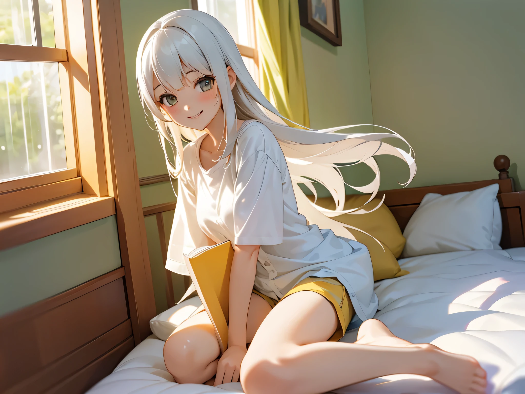 girl, Reading a book by the window, rain, bookcase, cheerful, smile at the corner of the mouth, Sit on the bed facing the window., white shirt, Yellow jean shorts, white hair, long hair, high resolution images