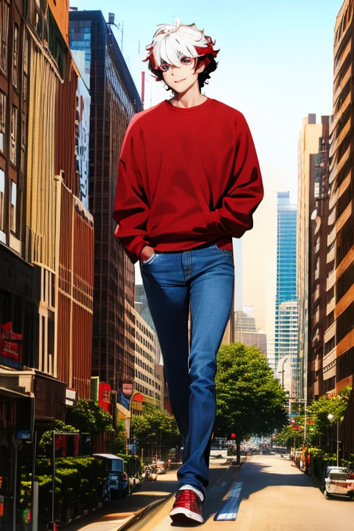 Young man with short white curly hair,Cao Cao,Eyes red,black and red sweatshirt and jeans,walking in a city,with a sweet smile