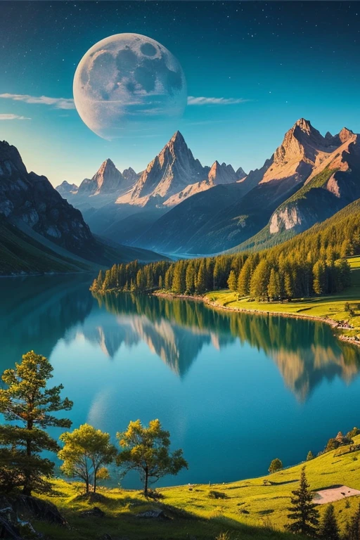 Highest quality、masterpiece、Landscape painting、Moon, Mountains and Lakes、Surrealism