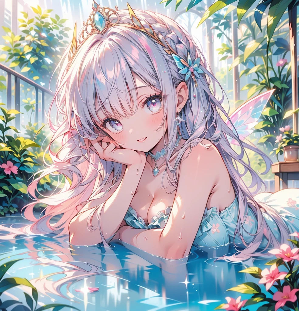 (Exquisite, beautiful, Very detailed, masterpiece, High resolution,high quality,High resolution),(Well-formed face,Soft and thin lines: 1.2, beautiful, Delicate and vivid illustrations with a mature and clear feel) , A beautiful fairy princess with fairy wings is playing happily by the water, Soaking wet, Clearly, beautiful tropical setting.,(beautiful), (Happy and joyful smile), She is wearing a pearl tiara, Earrings, choker, Pastel-colored swimsuits decorated with ribbons and frills., (Fair skin, A princess with pale pink cheeks and short eyebrows, A small toothless mouth and plump pink lips, beautiful eyes, And quite large, Fluffy bust.),Vibrant and eye-catching colors,Fantastic and dreamy,