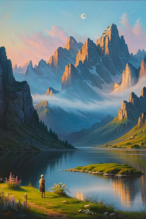 Highest quality、masterpiece、Landscape painting、Moon, Mountains and Lakes、Surrealism