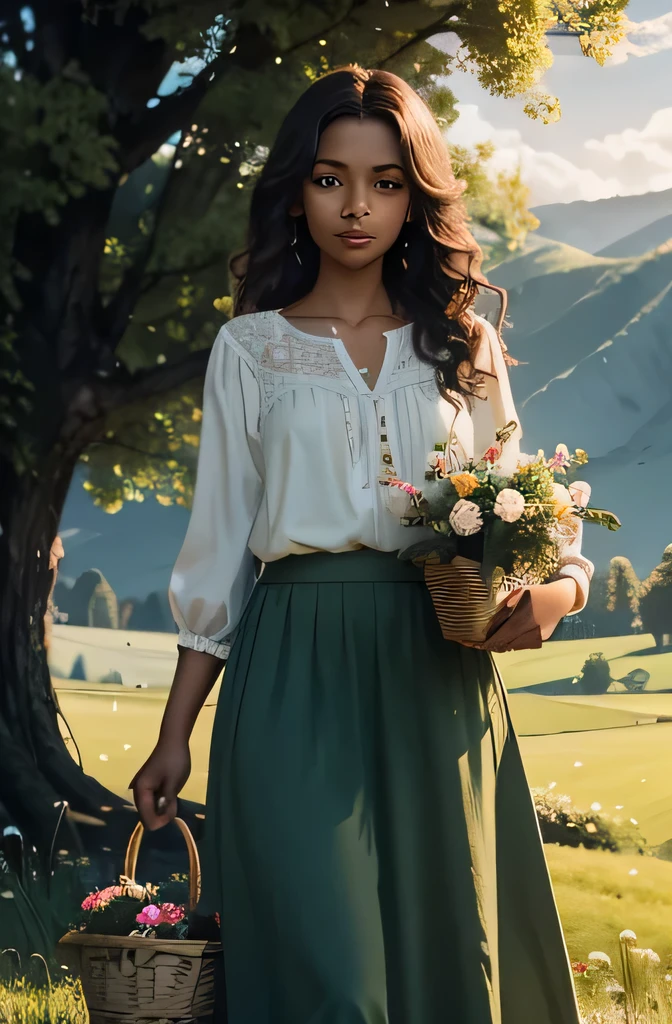 Create an image of a young woman in a rural landscape with green fields, trees, and a clear blue sky. The woman must have brown skin, curly and voluminous hair, dark brown, and be standing, holding a basket of flowers, dressed in a long skirt and light blouse. The atmosphere must convey nature and beauty. Use 8k resolution, with fantasy rendering style. Lighting should be soft, with ultra-fine details. The image should tell Gabriela's story in a rural landscape, highlighting her connection with nature and its beauty.