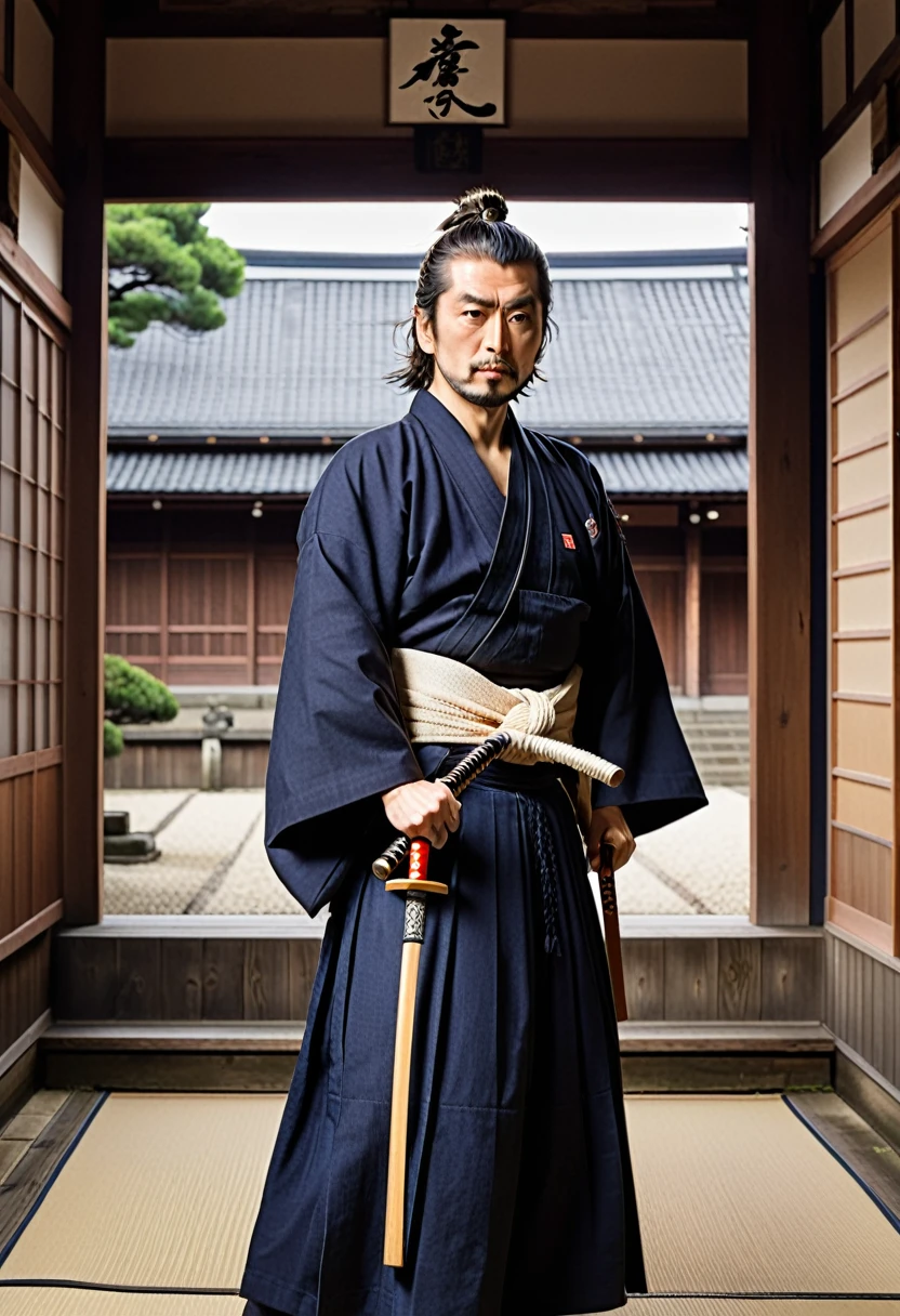A powerful portrait of Miyamoto Musashi、In the background is a kendo dojo and traditional Japanese buildings.