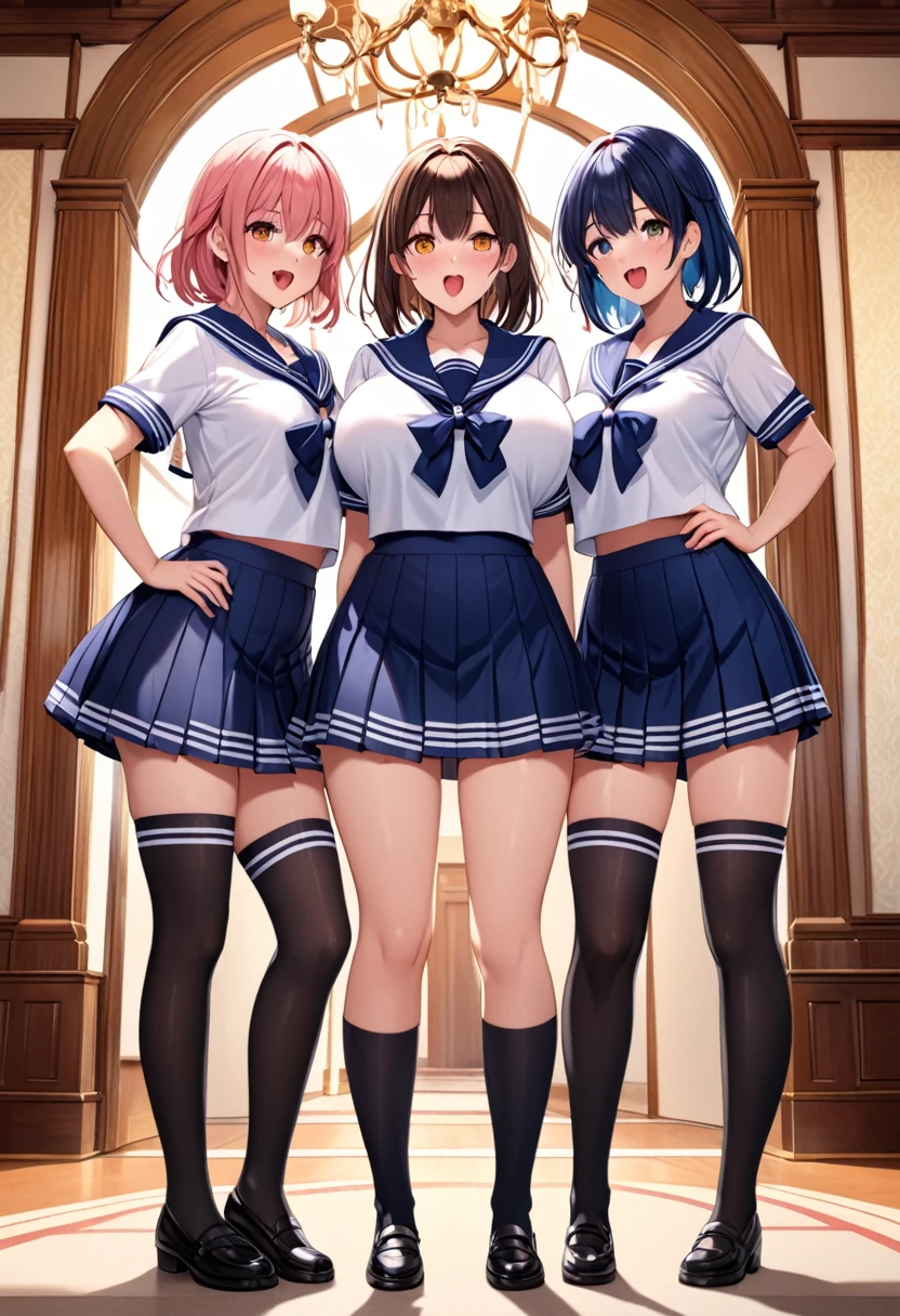 (((masterpiece, Highest quality, High resolution, 超High resolution, Pixel perfect, Written boundary depth, 4K, RTTX10.0, High resolution))), Beautiful Anime Women, Beautiful art style, Anime characters, ((Long Hair, bangs, Dark brown hair, ponytail)), ((Smooth texture, Realistic texture, Anime CG Style)), Perfect body, (Slender body:1.2), Exact finger count、Exact number of legs、(Exact number of arms:1.0, Exact number of hands:1.0), (Three women standing side by side, Lean your torso against the table to expose your buttocks., Angle from above the back:1.3), (Fashionable white shirt, Sailor collar, Knee-high socks, loafers, Pleated mini skirt:1.3), Realistic, Highest quality, High resolution, Perfect lighting, Highly detailed CG, (Perfect hands, Perfect Anatomy), (School classroom:1.3), Daytime lighting, whole body, ((Stylish shiny satin panties, side-tie white panties, Black lace trim :1.3)), (Beautiful and thin thighs、Beautiful little ass:1.3),cum in pussy