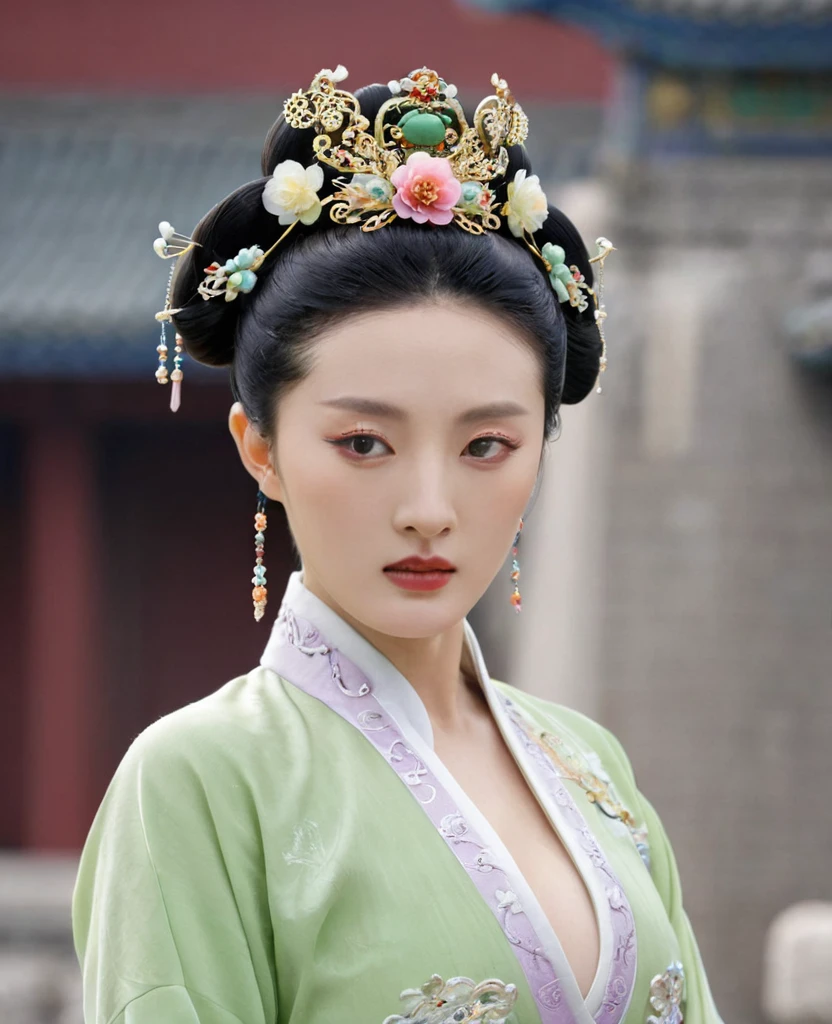 Chinese actress Xu Xun in The Legend of Ruyi (Zhou Xun) A Qing Dynasty Empress standing in front of the crowd. Her large breasts and hairy lower abdomen are visible. Her hair is tied up and pulled up with a gorgeous flower ornament.、A perverted, erotic woman wearing the crown of a Qing Dynasty empress. The background is the stone paving of a Chinese palace during the Qing Dynasty.