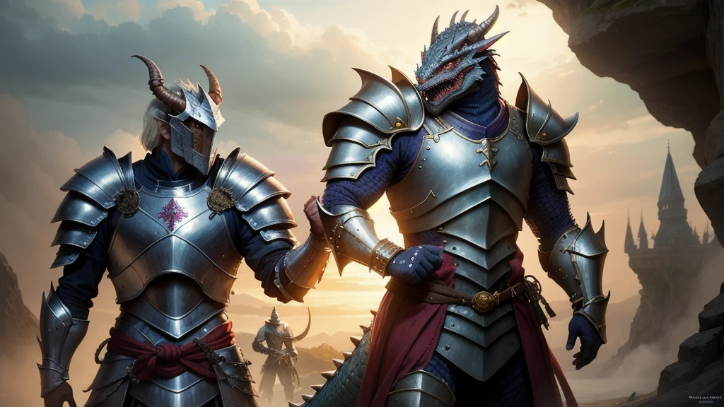 Next to the dragon is a man in armor, fantasy character pictures, BehanceFantasy Art, Fantasy style dragon armor, Fantasy Movie Stills, Dragon Knight, Still from fantasy movies, Armor with a dragon motif, with scaly-looking armor, Attractive man in armor, director: Adam Marcinski, Vojtek Fuss, Fan art, Fighting the Dragon