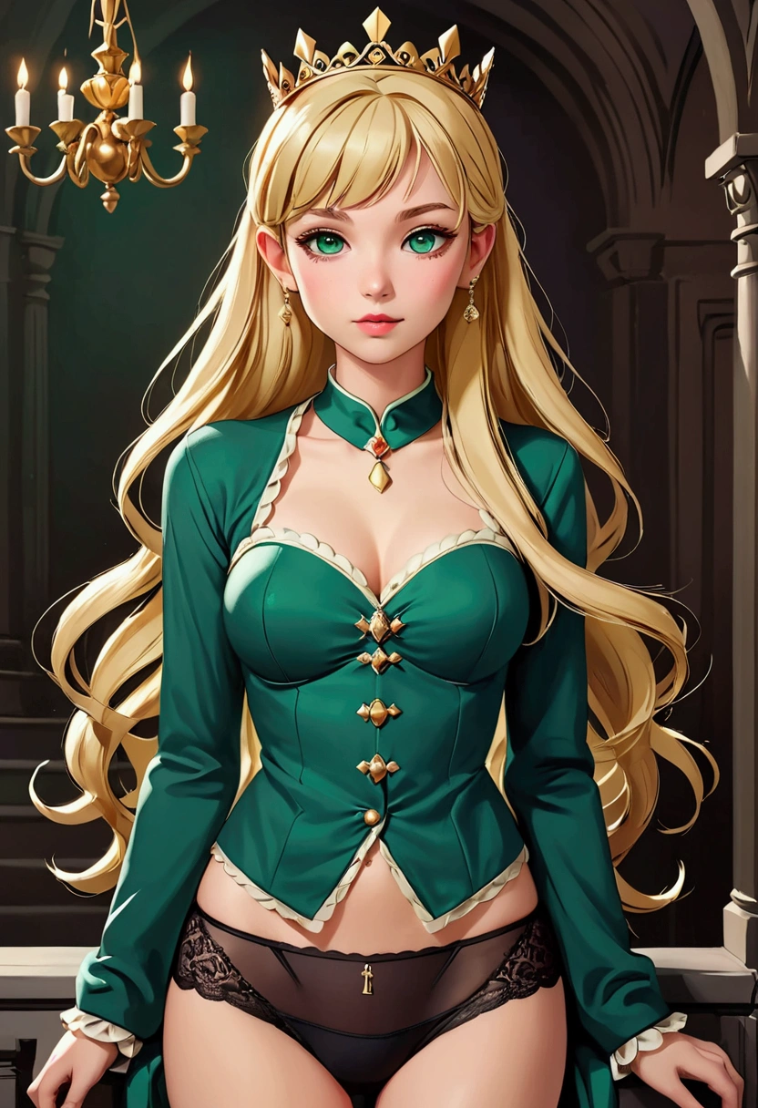 AGE: 15 Height: 1.70cm Weight: 55 Kg Skin color: pale eye color: Emerald green. Hair color: blonde (light gold) hairstyle: long and straight, wearing a French braid in the shape of a crown and wears bangs. ears: small size, usually hidden under your hair Eyebrows: Thin and well defined Distinctive features: small nose and lips, big bust/chest and butt. outfit: Thin black bodice, thin black panties. Whole body