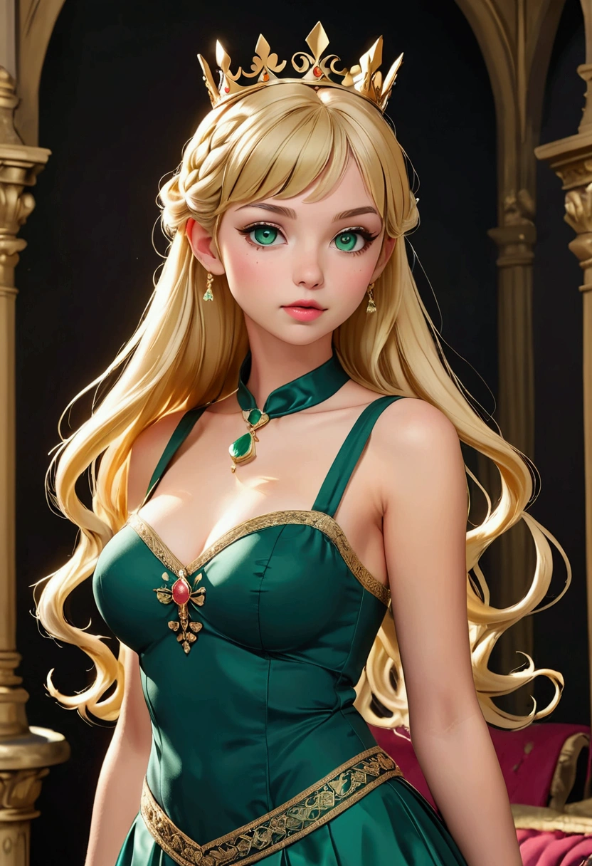 AGE: 15 Height: 1.70cm Weight: 55 Kg Skin color: pale eye color: Emerald green. Hair color: blonde (light gold) hairstyle: long and straight, wearing a French braid in the shape of a crown and wears bangs. ears: small size, usually hidden under your hair Eyebrows: Thin and well defined Distinctive features: small nose and lips, big bust/chest and butt. outfit: Thin black bodice, thin black panties. Whole body