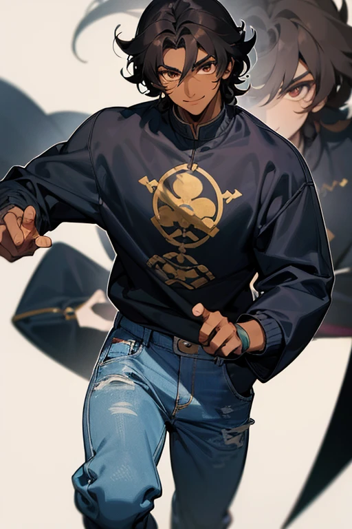 Young dark-skinned black man with short brown curly hair,Cao Cao,eyes browns,black sweatshirt and jeans,strolling,with a sweet smile