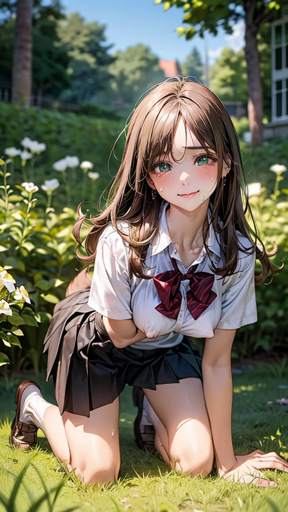 (masterpiece:1.2, top-quality), (realistic, photorealistic:1.4), beautiful illustration, (natural side lighting, movie lighting),
looking at viewer, cowboy shot, front view:0.6, 1 girl, japanese, high school girl, perfect face, cute and symmetrical face, shiny skin,
(long hair:1.8, straight hair:1.7, light brown hair), parted bangs, emerald green eyes, long eye lasher, (large :0.9, thick thighs),
beautiful hair, beautiful face, beautiful detailed eyes, beautiful clavicle, beautiful body, beautiful chest, beautiful thigh, beautiful legs, beautiful fingers,
(A girl is on all fours in a grassy field. A girl is carrying a large dog on her back.)A complete body. Full hands and legs. White shirt, red bow tie, black pleated miniskirt. Black socks, brown loafers.
Face, bright red, flush, both eyes closed, mouth open, crying expression.
Her nipplesanding out, even on her shirt. (The skirt is shorter than normal, but it is so short that you can almost see her panties.)The g brown hair. Her face is flushed bright red and she is smiling shyly.
(The skirt is so short that you can almost see her panties.)