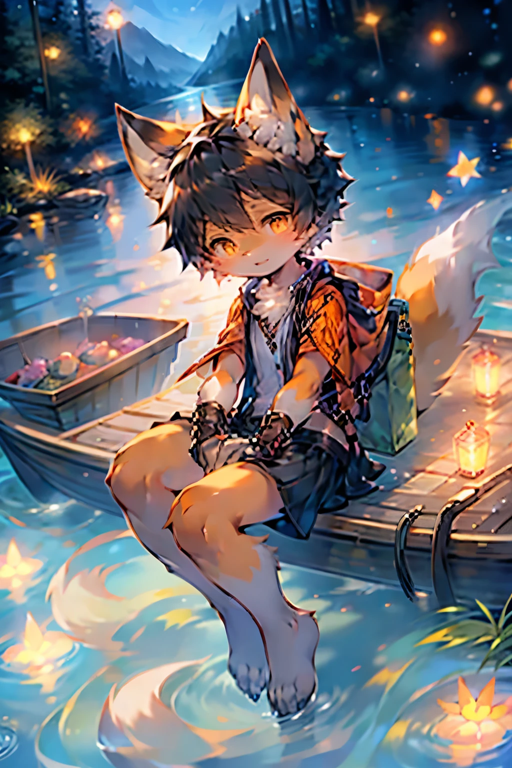 Fox Girl，Furry girls， girl characteristics，Black hair，Orange Skin，Vest，Short skirt，lake background，boating