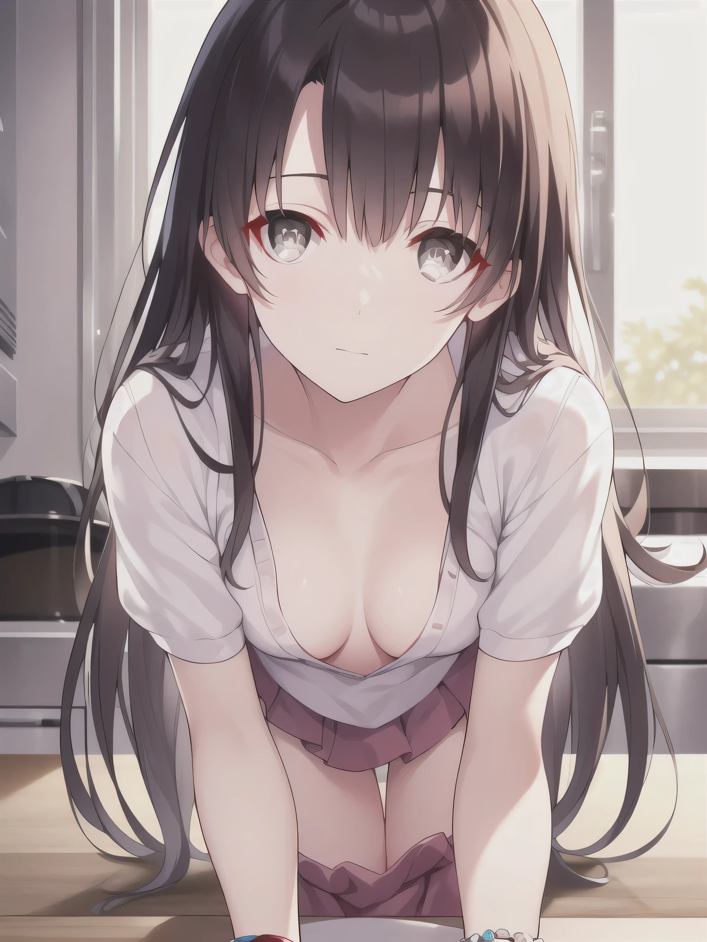 A girl，Long hair, bangs, Black hair, Hair between the eyes, (Red Eyes:1.5),  (Medium breasts:1.2), 
rest clavicle, White shirt, Pleated Skirt, mini skirt, bracelet, White skirt,cleveage，nipple，NUDE，
rest looking at viewer, whole body,
rest indoors, kitchen，
rest (masterpiece:1.2), best quality, high resolution, Unity 8K wallpaper, (illustration:0.8), (Beautiful and delicate eyes:1.6), Extremely detailed face, Perfect lighting, Extremely detailed CG, (Perfect hands, Perfect anatomical structure),