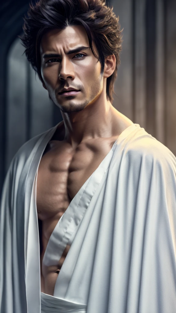 aizen sosuke, male character, anime-style, detailed facial features, piercing eyes, confident expression, long dark hair, white robe, detailed clothing folds, dramatic lighting, high contrast, cinematic composition, digital painting, masterpiece, photorealistic