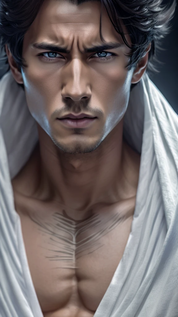 aizen sosuke, male character, anime-style, detailed facial features, piercing eyes, confident expression, long dark hair, white robe, detailed clothing folds, dramatic lighting, high contrast, cinematic composition, digital painting, masterpiece, photorealistic