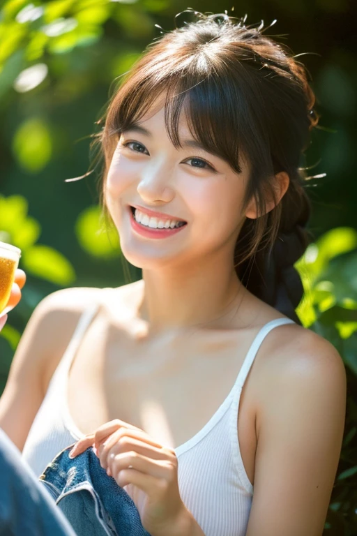 High resolution, masterpiece, Anatomically correct, Attention to detail, High resolutionモデル, One Woman, cute, Beautiful Japanese woman drinking beer, (30 years old), (Plump body:1.5), ( Plump Cheeks:1.5), Bangs, Braided Ponytail, Laughing with your mouth open,Tank top, Skinny half jeans, Fresh Green Forest, Bright sunlight, The outline shines in the backlight, The light reflected from below brightens the face, Cinematic Lighting Effects, hot summer images, Fresh breeze, sense of openness,