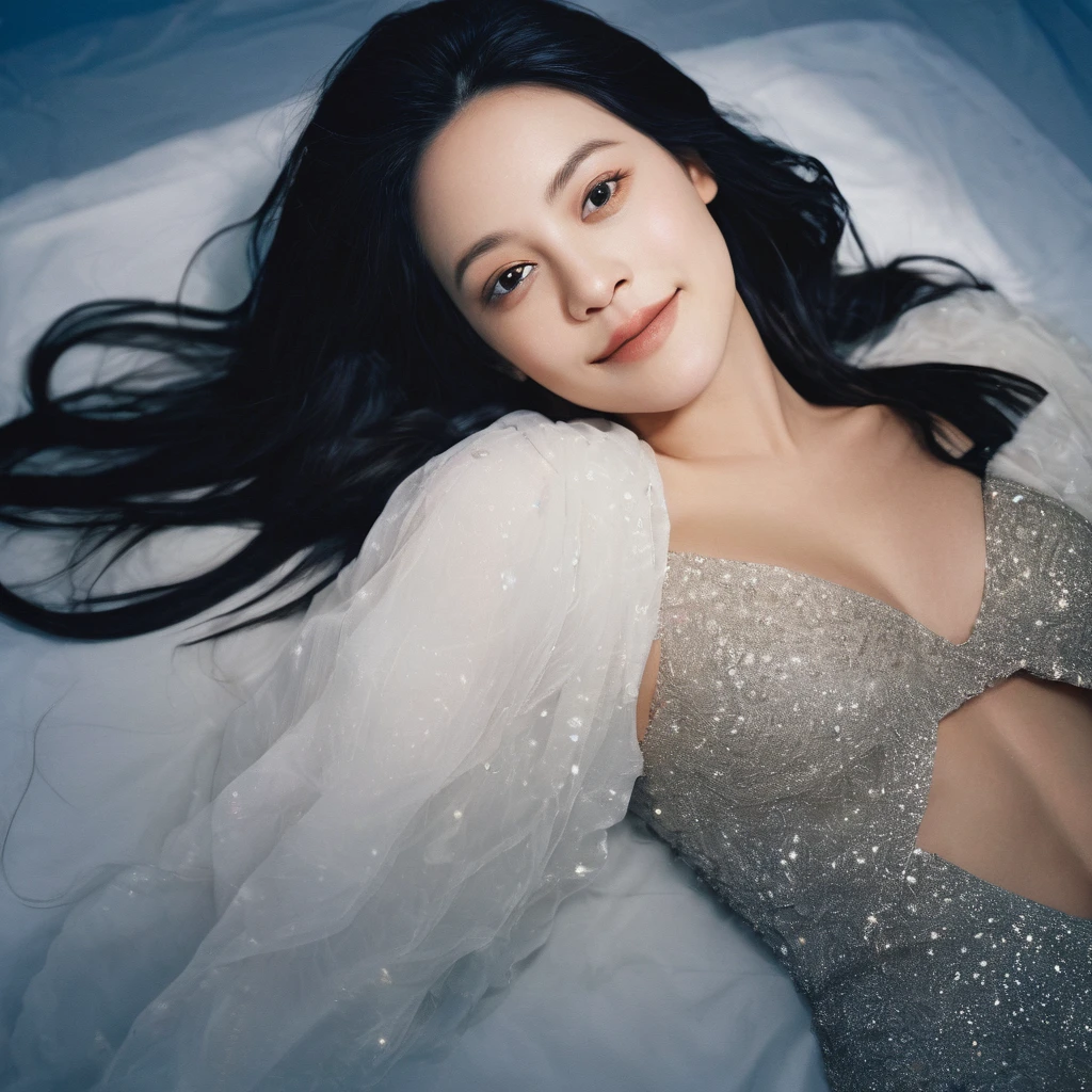 Ultra-Realistic photo of a gorgeous black hair young woman, A charming smile, beautiful face Japanese actresses, still from the film, ((solo)), ((Marion Cotillard look alike face: 0.8)), view from above, full body, concept art, epic, cinematic lighting, backlit, glowing, in bed, lying on a cloud, very long hair, (cosmic hair:1.3), blue eyes, cute smile, large round breasts, ((naked breasts, cleavage, nipples)), long thick eyelashes, dark eyeshadow, cosmic pants, cosmic background, jewelry, sparkles, (glowing particles:1.3), black velvet fabric, black satin, Leica SL3, Summicron-SL 75 f/2 ASPH, kodak gold 200 film, hands up, dynamic action pose