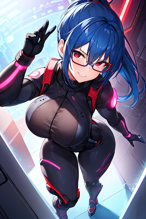 1girl, full body, ponytail, blue hair, black bodysuit, bodysuit, red eyes, large breasts, thick thighs, mature female, hourglass figure, smile, light smile, futuristic, science-fiction, machinery, tech, neon trim, glasses, red glasses