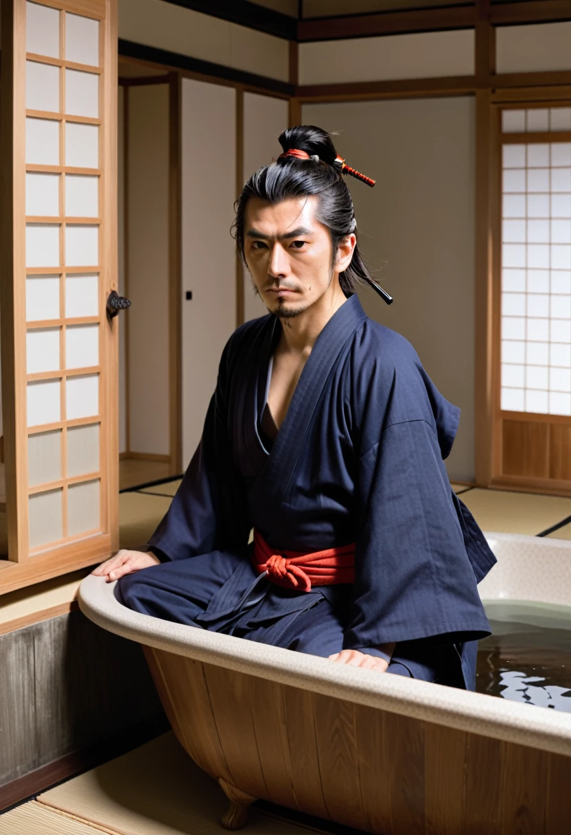 Miyamoto Musashi avoids baths。Behind him is a bathtub、He is on guard, looking out