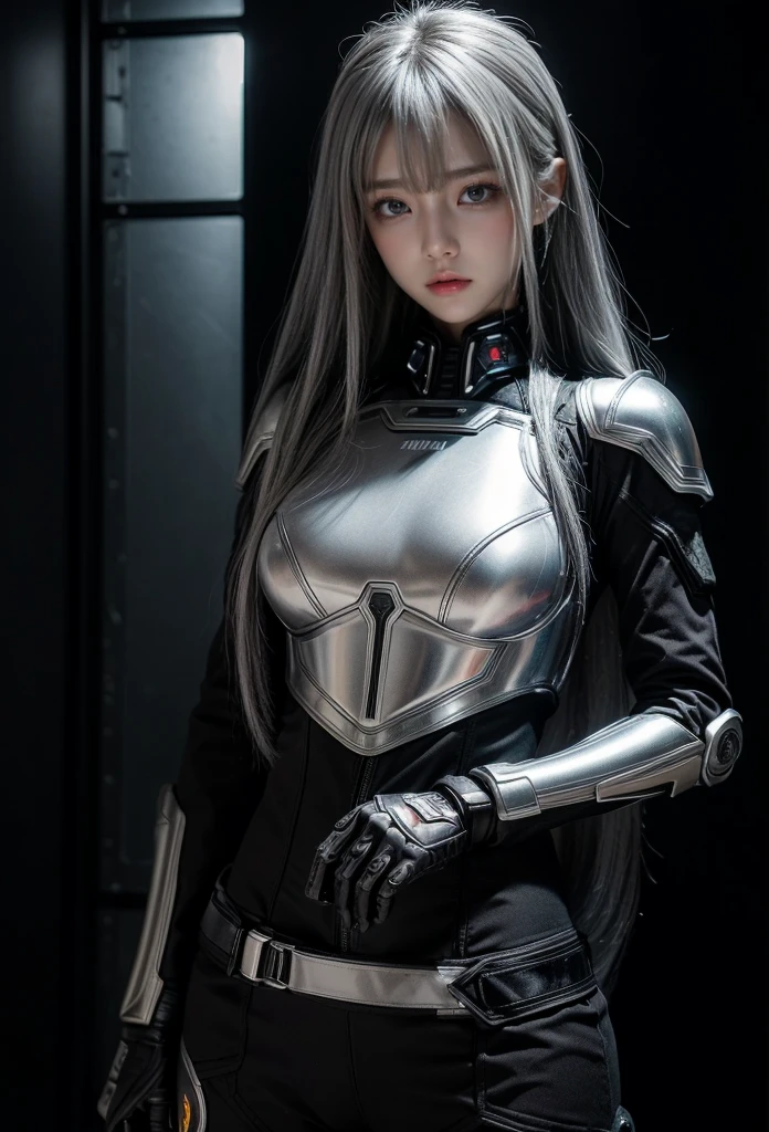 cyber angel,machine wing,{{Sci-Fi Armor}},cyber suit,cyberpunk,science fiction,cyber battle armor,Battledress,Military Uniforms,pants,black military uniform,whole body,Height: 168cm,almond shape eyes,{{{{{silver eyes}}}}},{{{{{dull bangs}}}}},(slanted eyes},{{whole body},{{{1 girl}}}, long hair, straight hair,{{{{silver hair}}}},{{{tsurime}}},30 years old,{Medium chest},{{bush}},silver eyes,{{{masterpiece}}}, {{{highest quality}}}, {{Super detailed}}, {shape}, {{very delicate and beautiful}},very detailed,detailed perfect,detailed hyper,Abundant thighs,big ass,black clothes