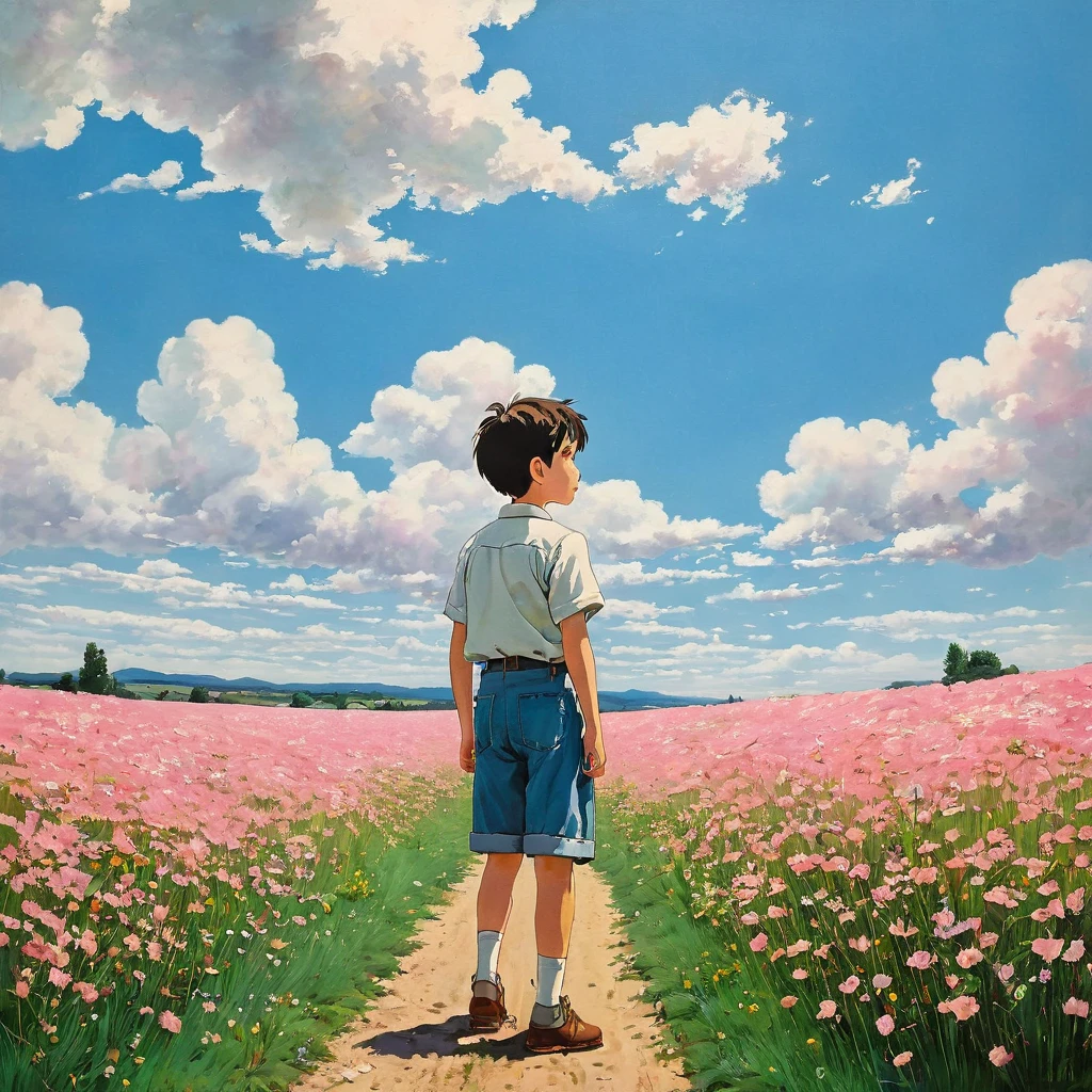 (((best quality)))), Realistic, authentic, beautiful and amazing landscape with a boy on the field oil painting Studio Ghibli Hayao Miyazaki pasture petals with blue sky and white clouds, no humans.the windshield flashing pink, pink glancing off of metal, brushing the dented flank of blue, beat-up enamel, Studio Ghibli