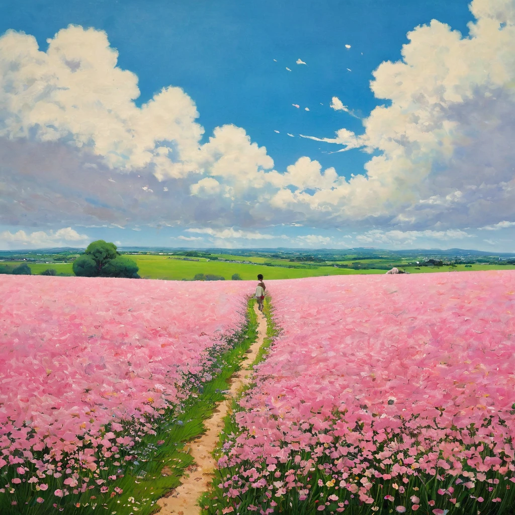 (((best quality)))), Realistic, authentic, beautiful and amazing landscape with a boy on the field oil painting Studio Ghibli Hayao Miyazaki pasture petals with blue sky and white clouds, no humans.the windshield flashing pink, pink glancing off of metal, brushing the dented flank of blue, beat-up enamel, Studio Ghibli

