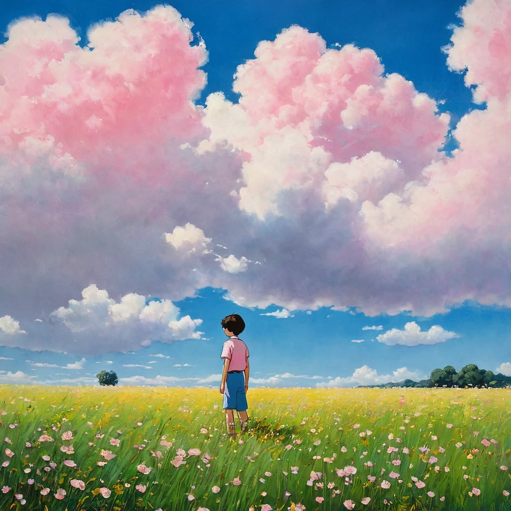 (((best quality)))), Realistic, authentic, beautiful and amazing landscape with a boy on the field oil painting Studio Ghibli Hayao Miyazaki pasture petals with blue sky and white clouds, no humans.the windshield flashing pink, pink glancing off of metal, brushing the dented flank of blue, beat-up enamel, Studio Ghibli
