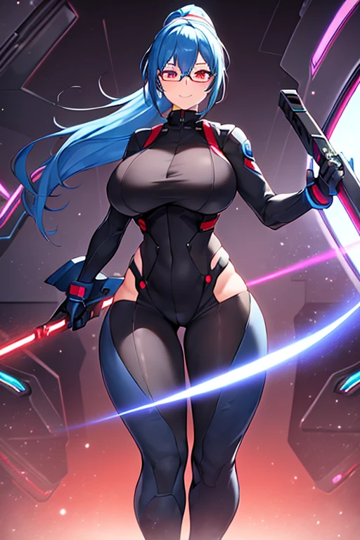 1girl, full body, ponytail, blue hair, black bodysuit, bodysuit, red eyes, large breasts, thick thighs, mature female, hourglass figure, smile, light smile, futuristic, science-fiction, machinery, tech, neon trim, glasses, red glasses