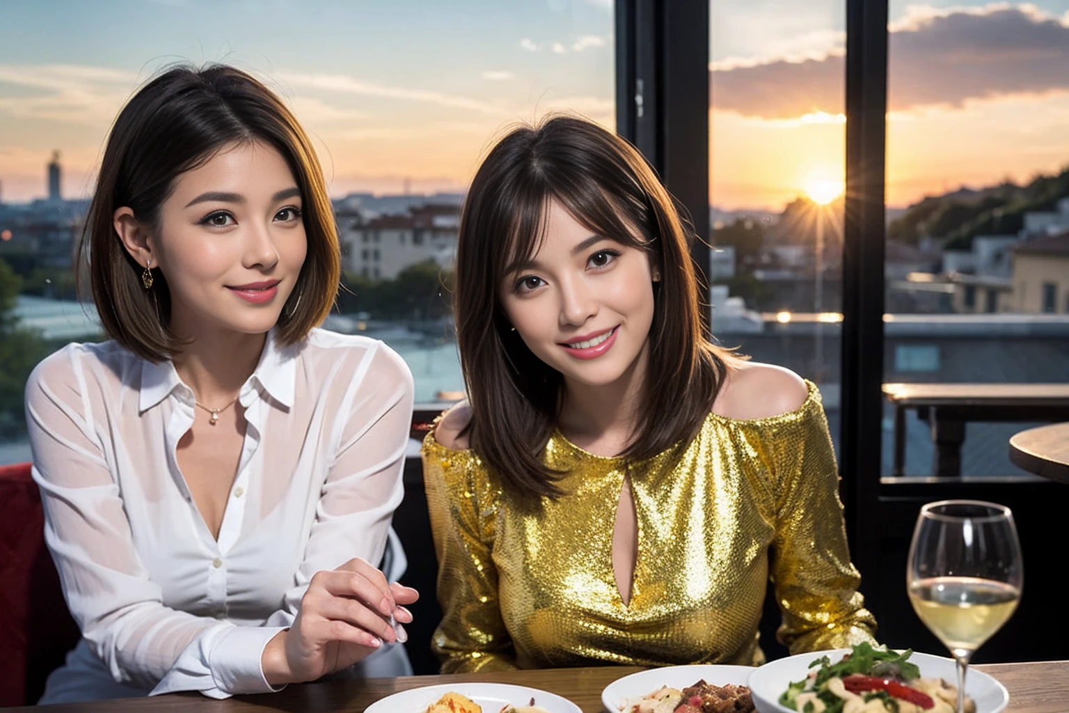 (Realistic:1.1),(masterpiece,Highest quality),8k,(49 years old), 47 years old, slimカップル、Model Couple、actress/actor、Tight waist,Upper Body,full-course dinner、wine 、Amazing view of the sunset sky and clouds、Perfect Anatomy, Brown Hair, short hair,Random Hairstyles,((Highly detailed face and eyes:1.2)),Perfect golden ratio face,Long sleeve shirt、dress,(smile:1.2)、Shortcuts、cute、(Realistic, Intricate details:1.2), A bright smile、short hair,Bright Face、赤wine 、Appetizers、Italian food、wine bottle、Champagne、スパークリングwine、(slimな顔), (The body is slim), (Brown Hair), (Shortcuts), Upper Body, 白wine, slim, wineグラス,