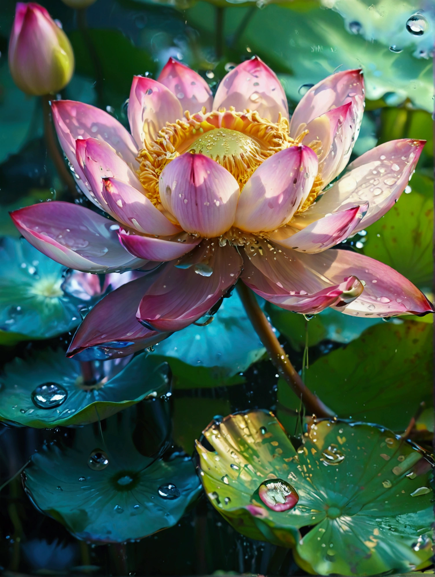 Colorful lotus flowers floating on the water，There are many small water drops on the lotus，close up，Ultra HD, Retina, masterpiece, precise, Super Detail,High Detail, high quality, The award-winning, best quality, high resolution, 16K