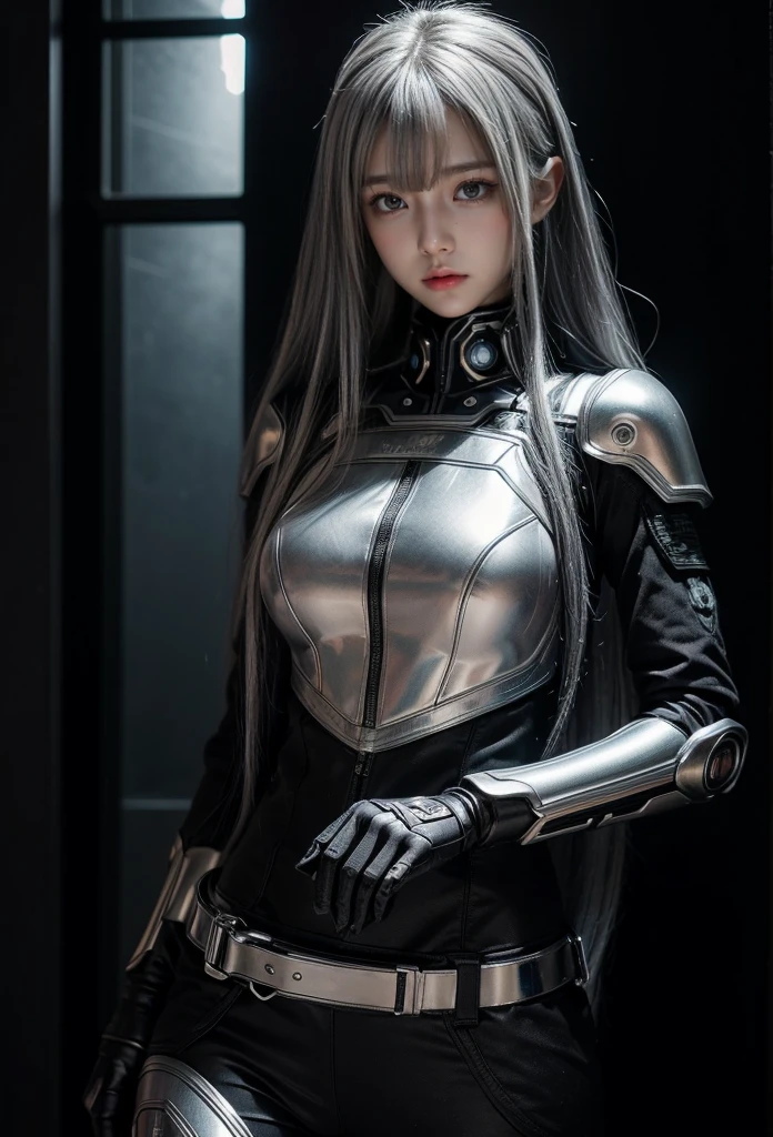 cyber angel,machine wing,{{Sci-Fi Armor}},cyber suit,cyberpunk,science fiction,cyber battle armor,Battledress,Military Uniforms,pants,black military uniform,whole body,Height: 168cm,almond shape eyes,{{{{{silver eyes}}}}},{{{{{dull bangs}}}}},(slanted eyes},{{whole body},{{{1 girl}}}, long hair, straight hair,{{{{silver hair}}}},{{{tsurime}}},30 years old,{Medium chest},{{bush}},silver eyes,{{{masterpiece}}}, {{{highest quality}}}, {{Super detailed}}, {shape}, {{very delicate and beautiful}},very detailed,detailed perfect,detailed hyper,Abundant thighs,big ass,black clothes